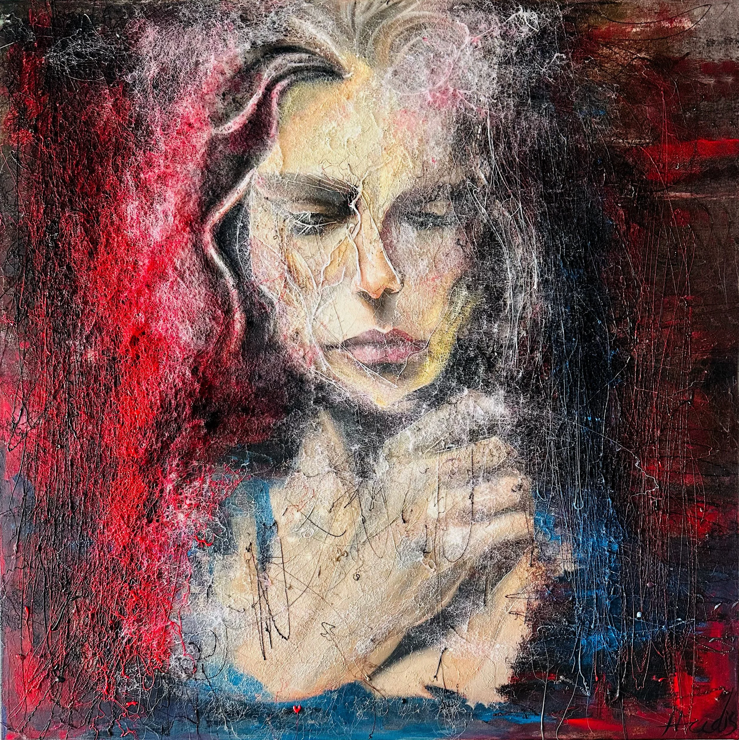 Sweatshop, 2025 — mixed media by Hadis Bahrami, 36 × 36 in, from the series Living Against the Void.